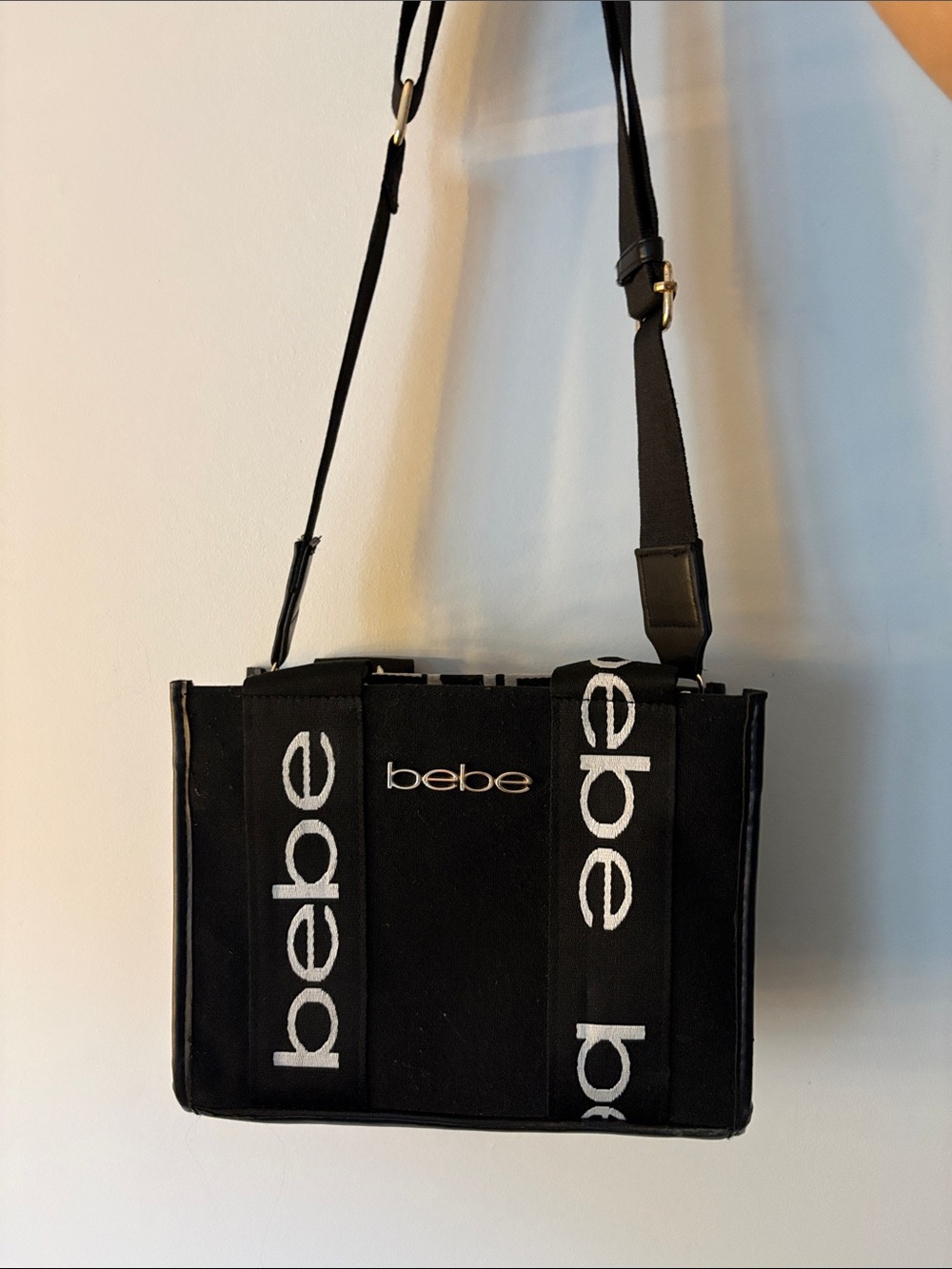 bebe Black Logo Strap Canvas Crossbody Bag